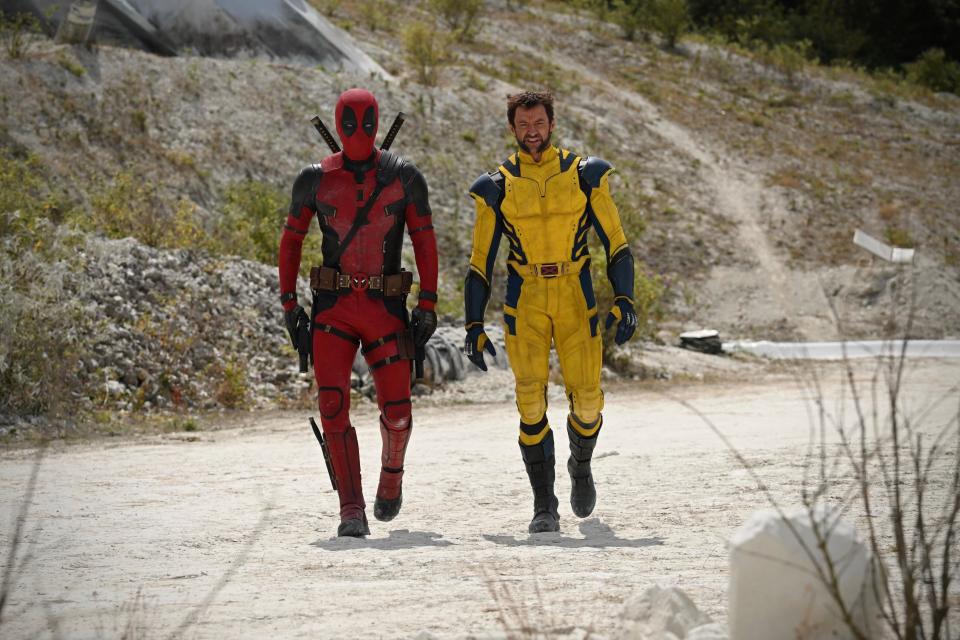 Ryan Reynolds and Hugh Jackman in Deadpool and Wolverine costumes in "Deadpool 3."