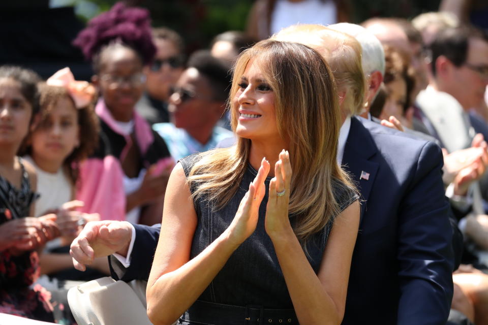FILE - In this May 7, 2019 file photo, first lady Melania Trump attends a one year anniversary event for her Be Best initiative in the Rose Garden of the White House in Washington. Melania Trump has announced plans to renovate the White House Rose Garden. It's the outdoor space steps away from the Oval Office. (AP Photo/Andrew Harnik)