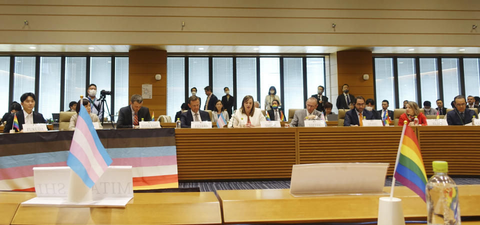 Embassy officials from Group of Seven member nations participate in the first Pride 7 engagement group summit held by Japanese LGBTQ activists and supporters at a parliamentary building in Tokyo, Thursday, March 30, 2023. Japanese LGBTQ activists and supporters on Thursday held the inaugural Pride 7 Summit in Tokyo, where they called on Group of Seven governments to promote and strengthen support and legal protections for LGBTQ people and urged Japan's government to enact an anti-discrimination law before it hosts this year’s G-7 summit in May. (AP Photo/Mari Yamaguchi)
