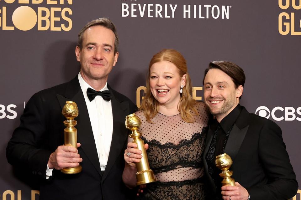 ‘Succession’ stars Matthew Macfadyen, Sarah Snook and Kieran Culkin at the Golden Globe awards this January (Getty Images)