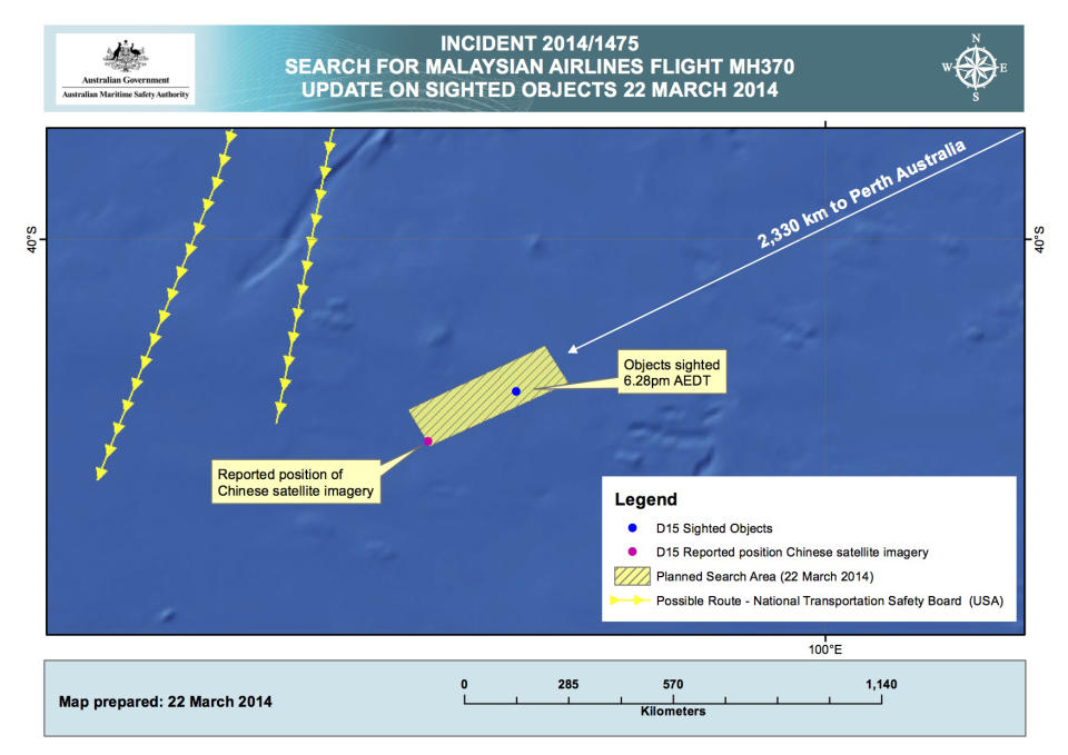 This Saturday, March 22, 2014 graphic provided by the Australian Maritime Safety Authority (AMSA), shows the approximate position of the objects seen floating in a Chinese satellite image in the southern Indian Ocean that the AMSA is concentrating its search for the missing Malaysia Airlines flight MH370 on. China on Saturday released a satellite image showing an object floating in a remote stretch of the southern Indian Ocean near where planes and ships have been crisscrossing since similar images from an Australian satellite emerged earlier in the week. Two military planes from China arrived Saturday in Perth and were expected on Sunday to join Australian, New Zealand and U.S. aircraft in the search. (AP Photo/Australian Maritime Safety Authority)