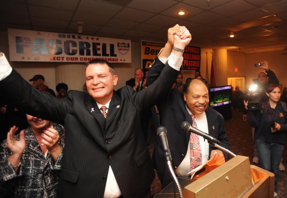 Passaic County Sheriff-Elect Richard Berdnik celebrates his win Tuesday at the Amalgamated Meat Cutters Hall in Little Falls with Democratic chair John Currie, Nov. 2, 2010.