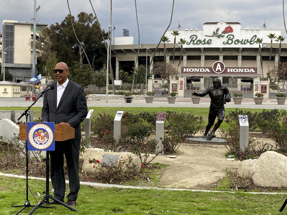 California Assemblymember Chris Holden discusses a proposed bill that aims to expand college athlete payment beyond NIL. (AP Photo/Beth Harris)