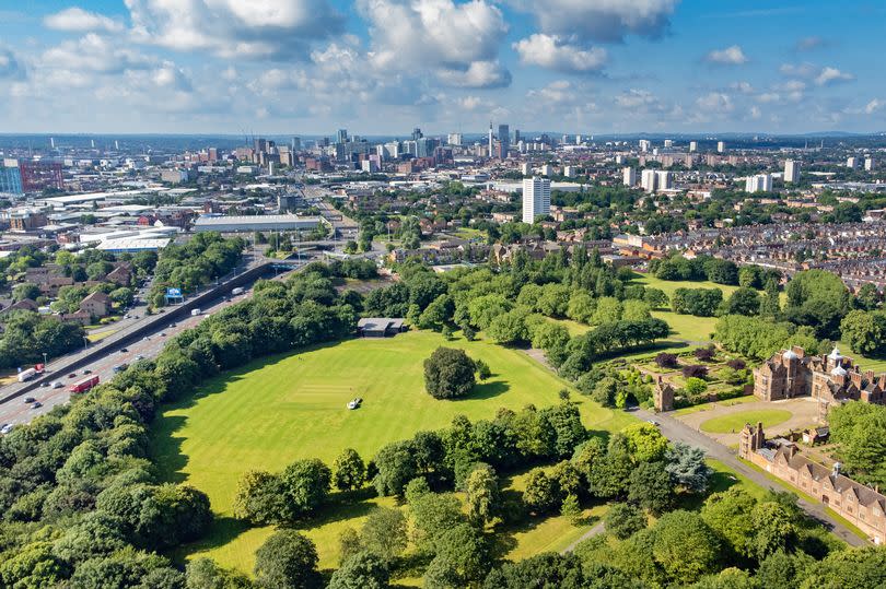 Aston Hall and park, with the city skyline in the background