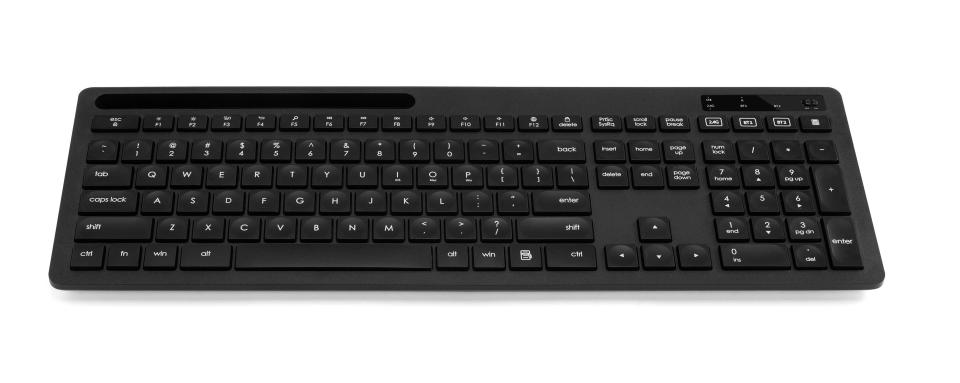 A black framed and black-keyed Kogan Bluetooth & 2.4Ghz Dual Mode Portable Keyboard with white lettering.