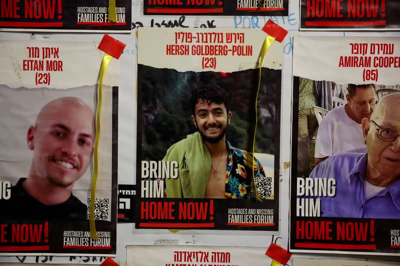 FILE PHOTO: A view of a banner depicting Hersh Goldberg-Polin, an Israeli-American seized during the October 7 attack, in Tel Aviv