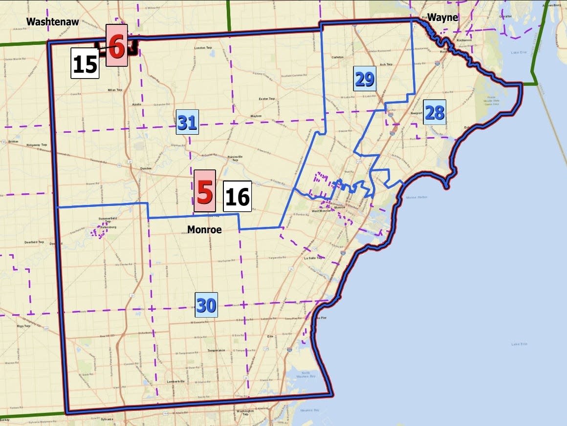 Monroe County's four new State House Districts, as laid out by the Michigan Independent Citizens Redistricting Commission. Image Credit, MICRC
