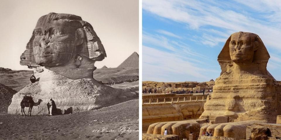 A comparison of the Sphinx of Giza depicting the Sphinx before excavation on the right and after excavation on the left.