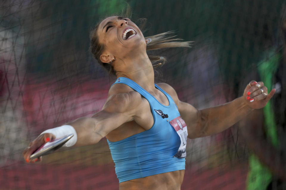 Valarie Allman competes during the finals of women's discus throw at the U.S. Olympic Track and Field Trials Saturday, June 19, 2021, in Eugene, Ore. (AP Photo/Charlie Riedel)