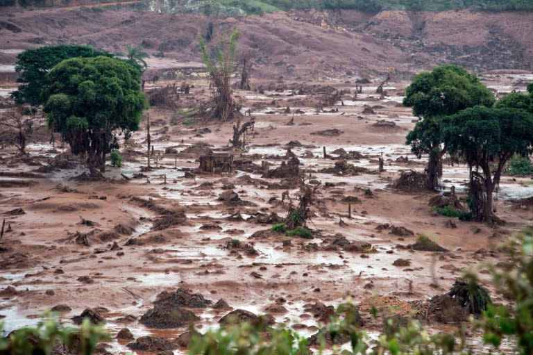 Aerial view of the village of Bento Rodrigues in Brazil after a dam burst on November 5, 2015