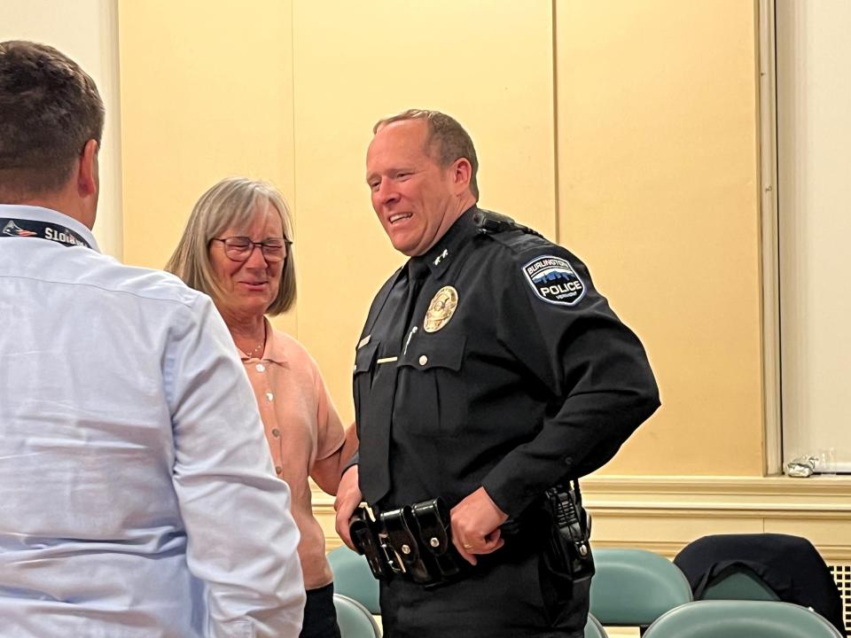 Chief Jon Murad speaks with residents and department heads during a pause in a Burlington City Council meeting on June 5, 2023. The council approved of Murad's appointment as chief during the meeting.