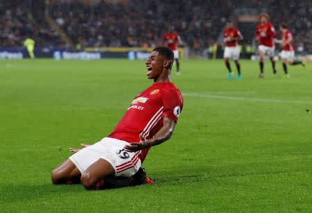 Football Soccer Britain- Hull City v Manchester United - Premier League - The Kingston Communications Stadium - 27/8/16 Manchester United's Marcus Rashford celebrates scoring their first goal Action Images via Reuters / Lee Smith