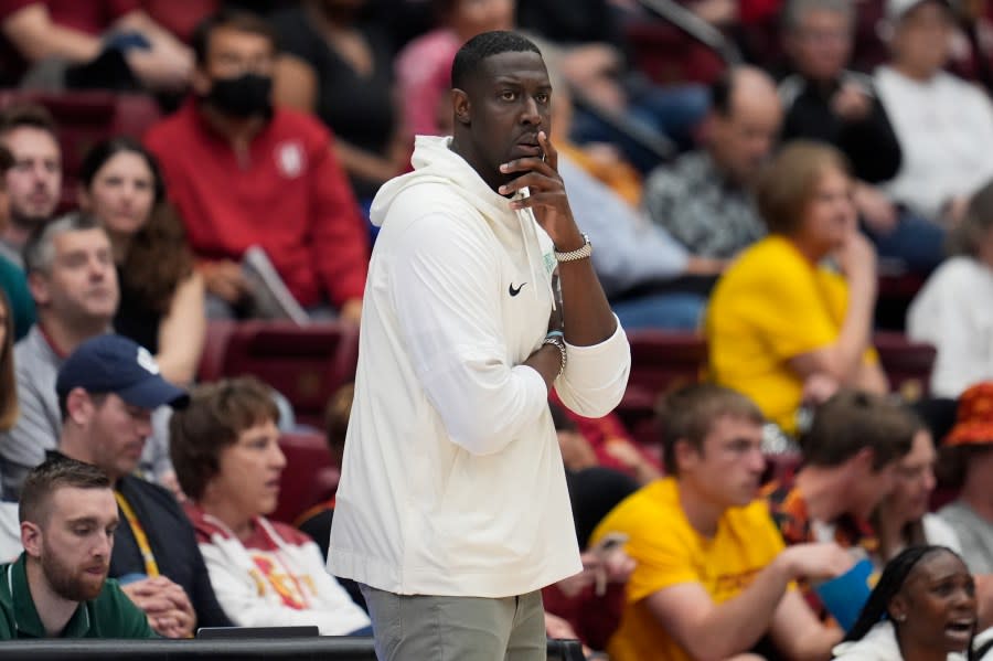 Norfolk State coach Larry Vickers watches during the first half of the team’s first-round college basketball game against Stanford in the women’s NCAA Tournament in Stanford, Calif., Friday, March 22, 2024. (AP Photo/Godofredo A. Vásquez)