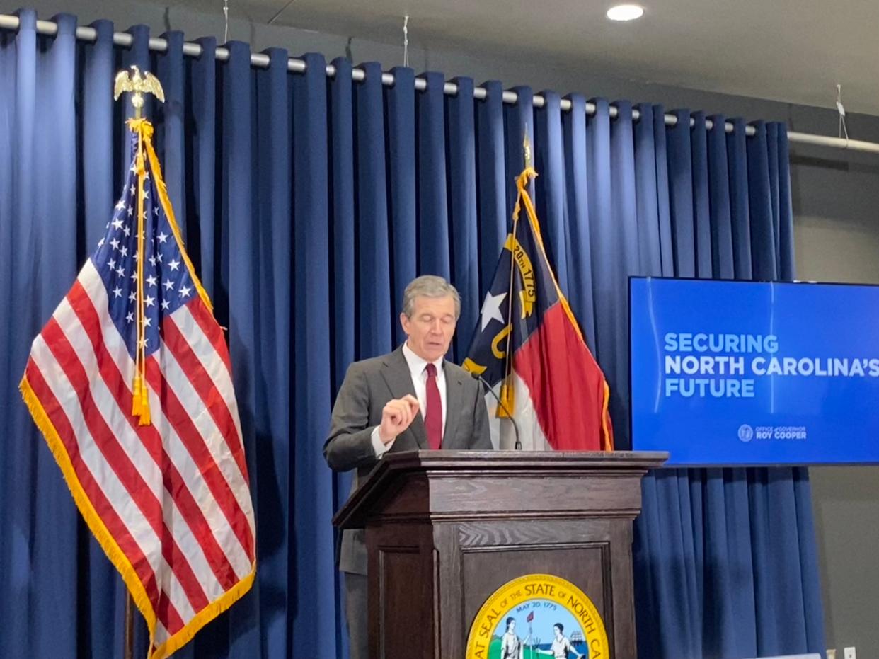 Gov. Roy Cooper speaks about his budget proposal for 2024-2025 at a press event on Wednesday, April 24