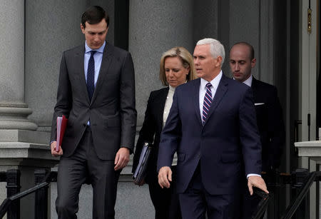 Senior White House Advisor Jared Kushner, U.S. Secretary of Homeland Security Kirstjen Nielsen, U.S. Vice President Mike Pence and Senior White House Advisor Stephen Miller walk to the West Wing before a meeting with Congressional staffers about ending the partial government shutdown at the White House in Washington, U.S., January 5, 2019. REUTERS/Joshua Roberts