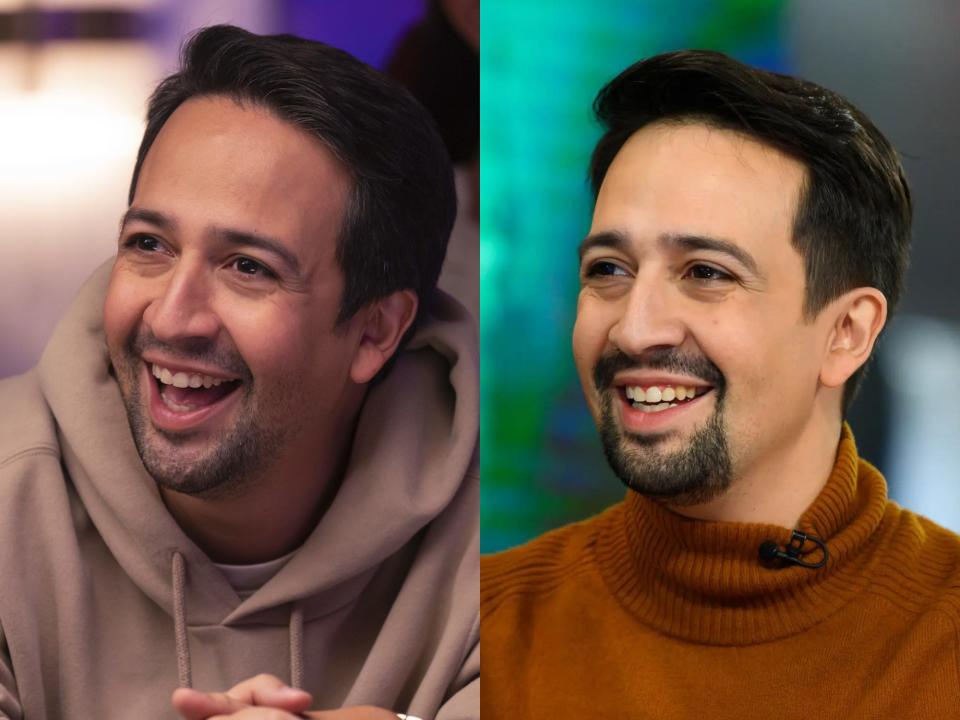 left: hermes in percy jackson, smiling widely and wearing a plain hoodie; right: lin-manuel miranda smiling and wearing a turtleneck