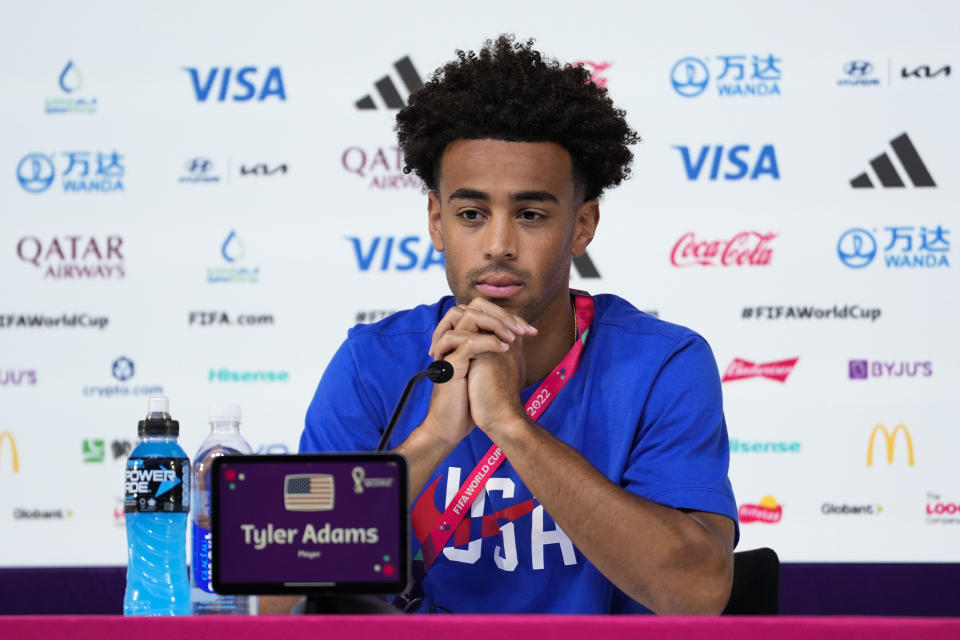 Tyler Adams of the United States attends a press conference on the eve of the group B World Cup soccer match between Iran and the United States in Doha, Qatar, Monday, Nov. 28, 2022. (AP Photo/Ashley Landis)