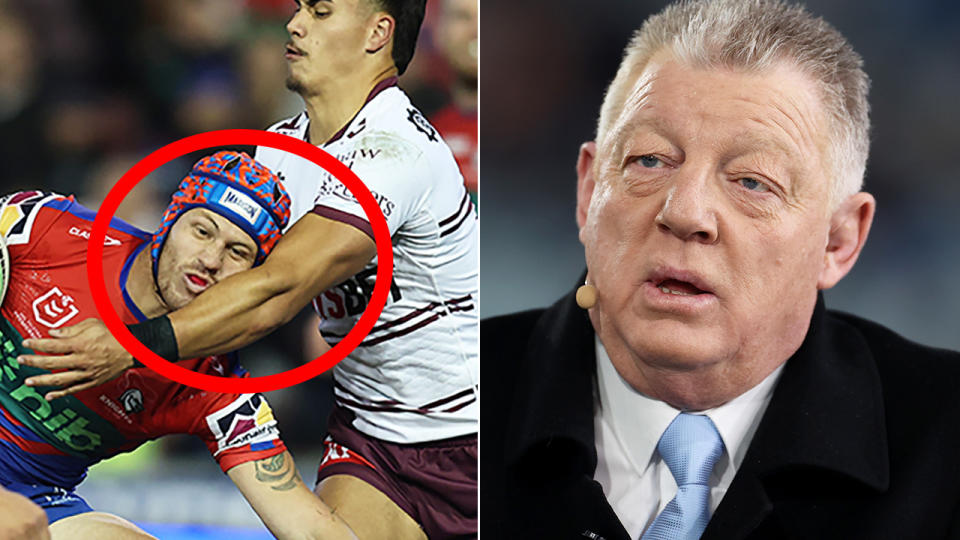 Kalyn Ponga is pictured with contact being made to his head by a Manly opponent, while Phil Gould is pictured right.