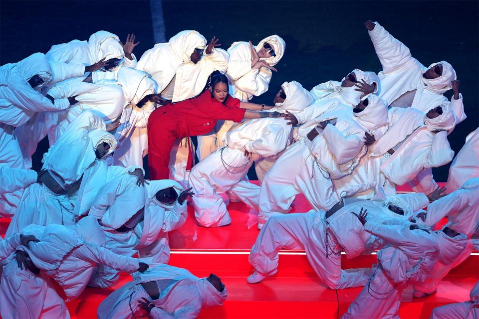 GLENDALE, ARIZONA - FEBRUARY 12: Rihanna performs onstage during the Apple Music Super Bowl LVII Halftime Show at State Farm Stadium on February 12, 2023 in Glendale, Arizona. (Photo by Rob Carr/Getty Images)