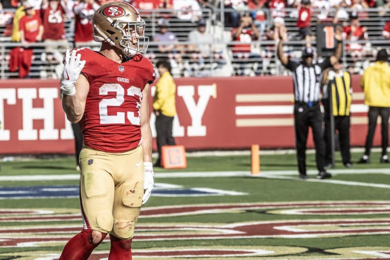 San Francisco 49ers running back Christian McCaffrey is my No. 3 fantasy football play for Week 6. File Photo by Terry Schmitt/UPI