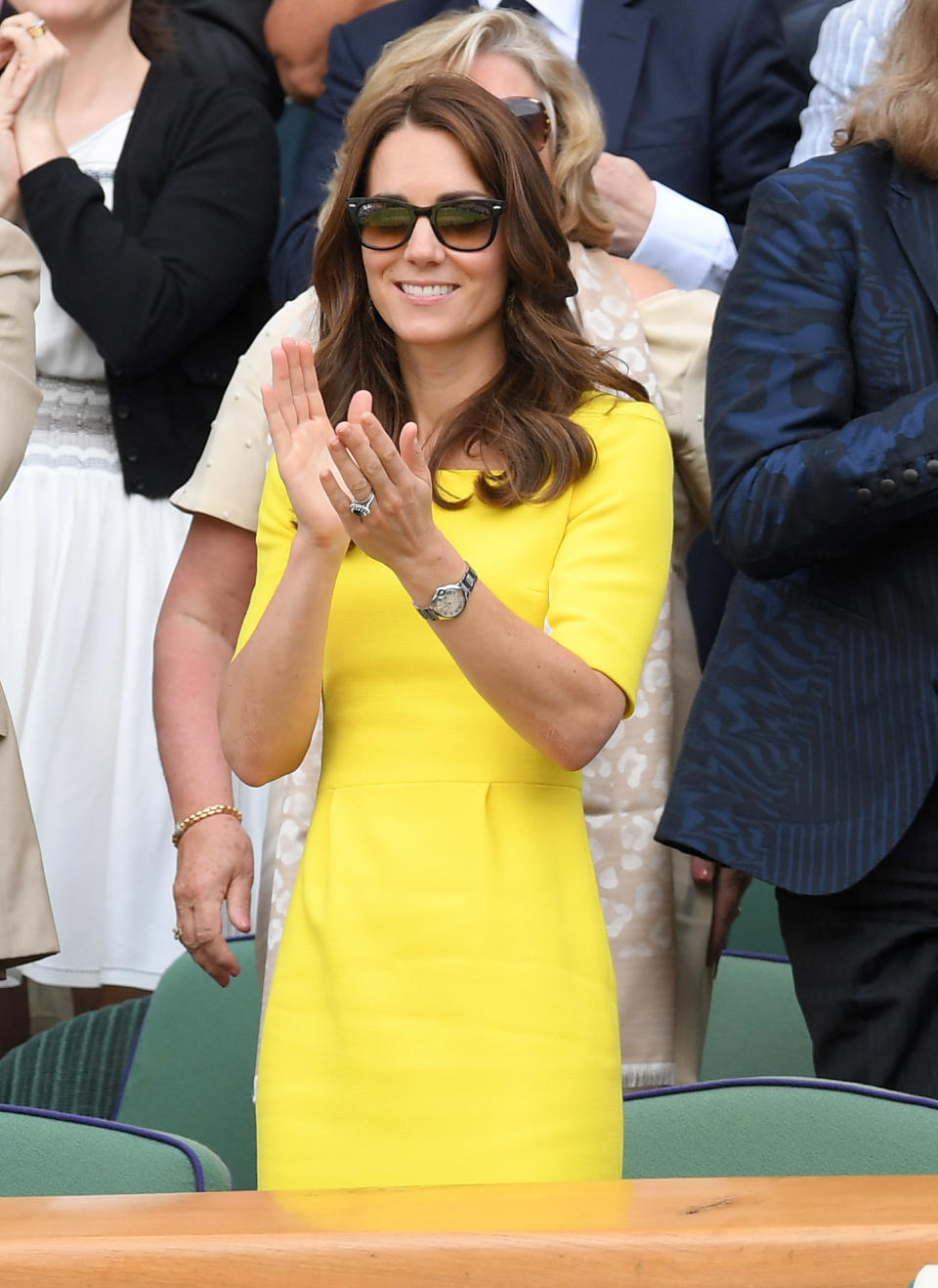 Duchess of Cambridge attends day ten of the Wimbledon Tennis Championships at Wimbledon in July 2016 wearing Ray-Ban sunglasses.  (Getty Images)