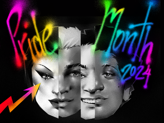 Artistic collage with three faces and colorful graffiti text reading "Pride Month 2024."