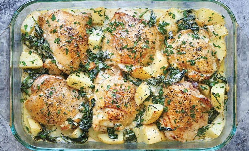 Chicken and Potatoes with Garlic Parmesan Cream Sauce from Damn Delicious