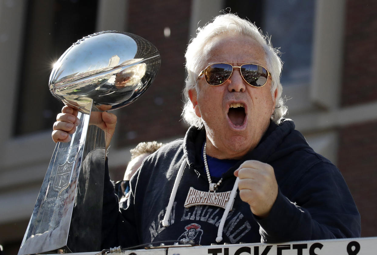 Robert Kraft’s Championships chain has made another appearance. (AP Photo/Elise Amendola)