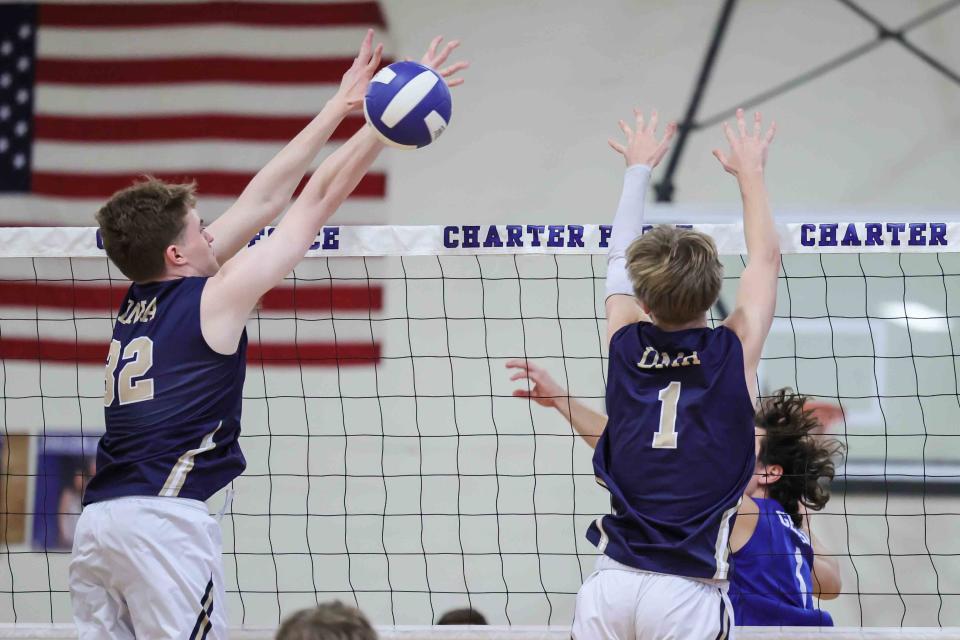 DMA's Luke Kelly (32) goes for a block during a match between Charter School of Wilmington and Delaware Military Academy on Friday March 31, 2023.