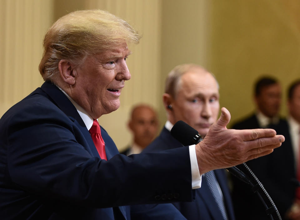 President Trump and Russian President Vladimir Putin at a joint press conference after a meeting at the Presidential Palace in Helsinki on July 16, 2018. (Photo: Brendan Smialowski/AFP/Getty Images)