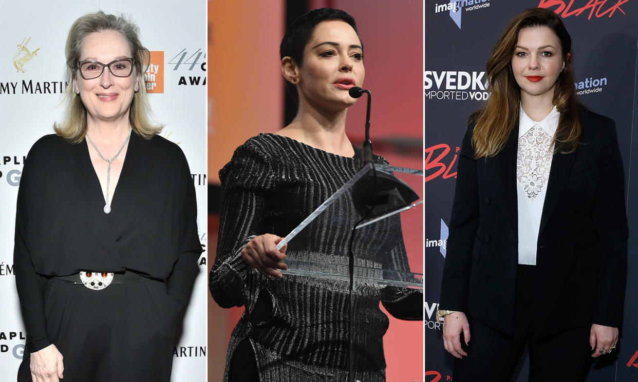 Amber Tamblyn, right, isn’t happy with Rose McGowan, center, slamming Meryl Streep for reportedly planning to wear black to the Golden Globes in protest of sexual harassment. (Photos: Getty Images)