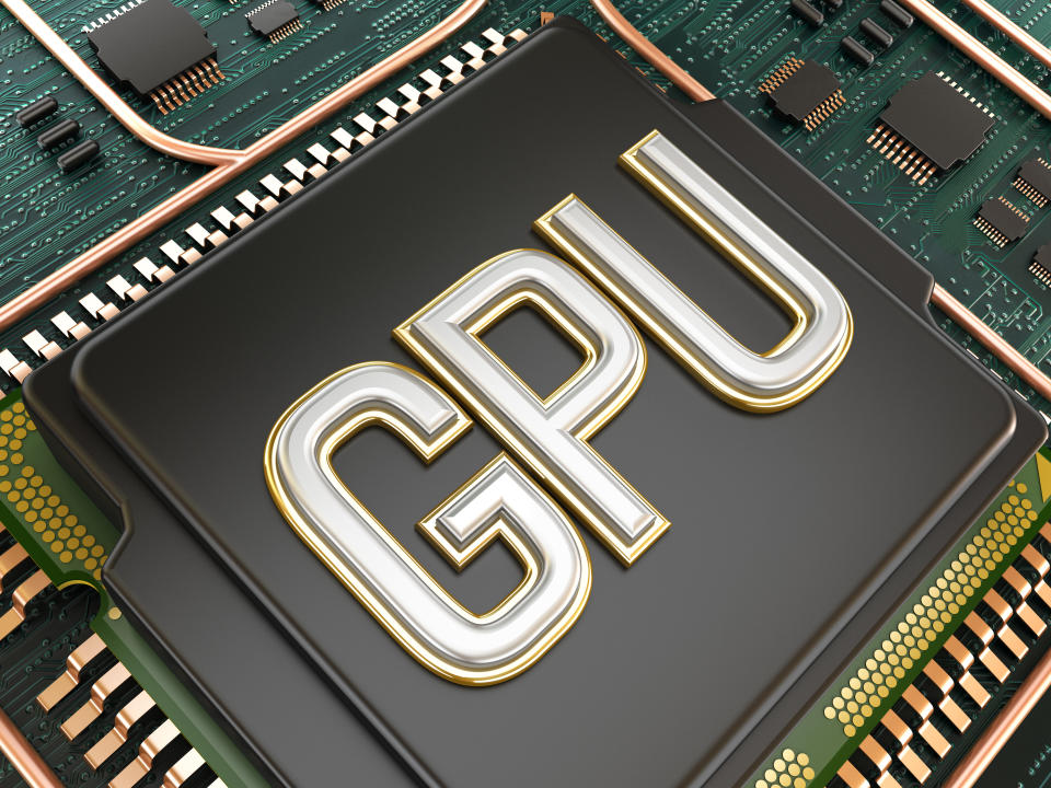 A fictitious image of a processor that reads "GPU"