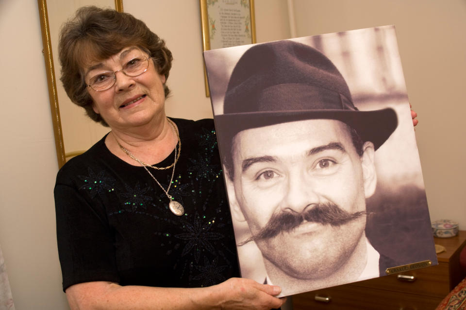 Eira Peterson mother of the notorious prisoner 'Charles Bronson'  with a photograph of her son