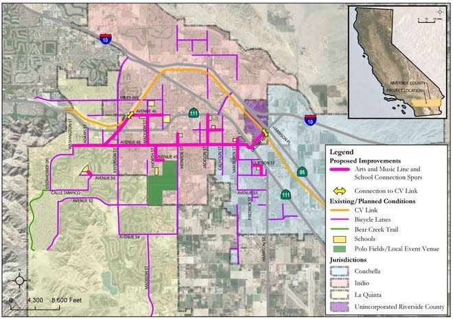 A map shows the planned route of a proposed arts and music line through Indio, La Quinta, and Coachella.