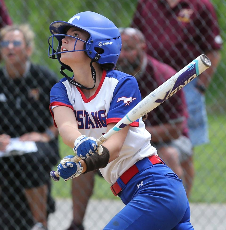 Macaira Fox of Tuslaw follows through on her two-run home run during their DIII regional semifinal against South Range at Ravenna on Wednesday, May 25, 2022.