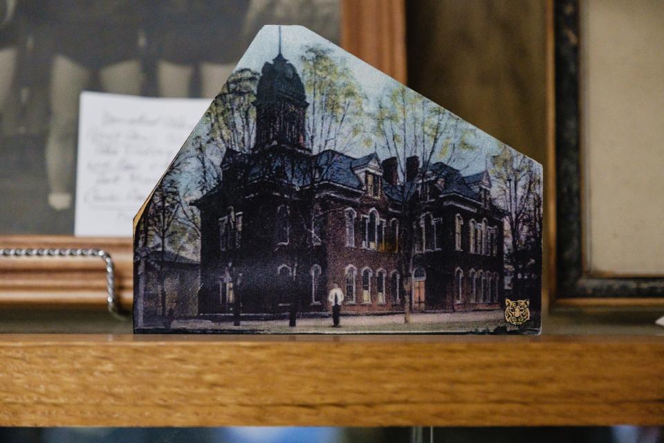 A photograph of the original Mineral City Elementary is among many pieces of historical memorabilia on display at the Mineral City Historical Society.