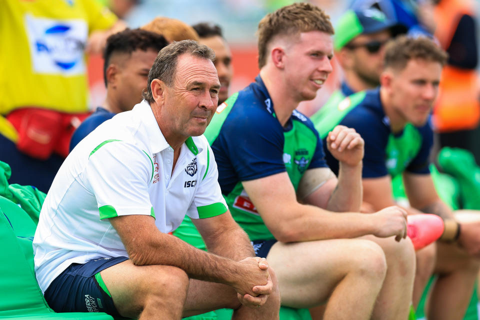 CANBERRA, AUSTRALIA - MARCH 16: Ricky Stuart, coach of the Raiders looks on ahead of the round two NRL match between Canberra Raiders and Wests Tigers at GIO Stadium, on March 16, 2024, in Canberra, Australia. (Photo by Jenny Evans/Getty Images)