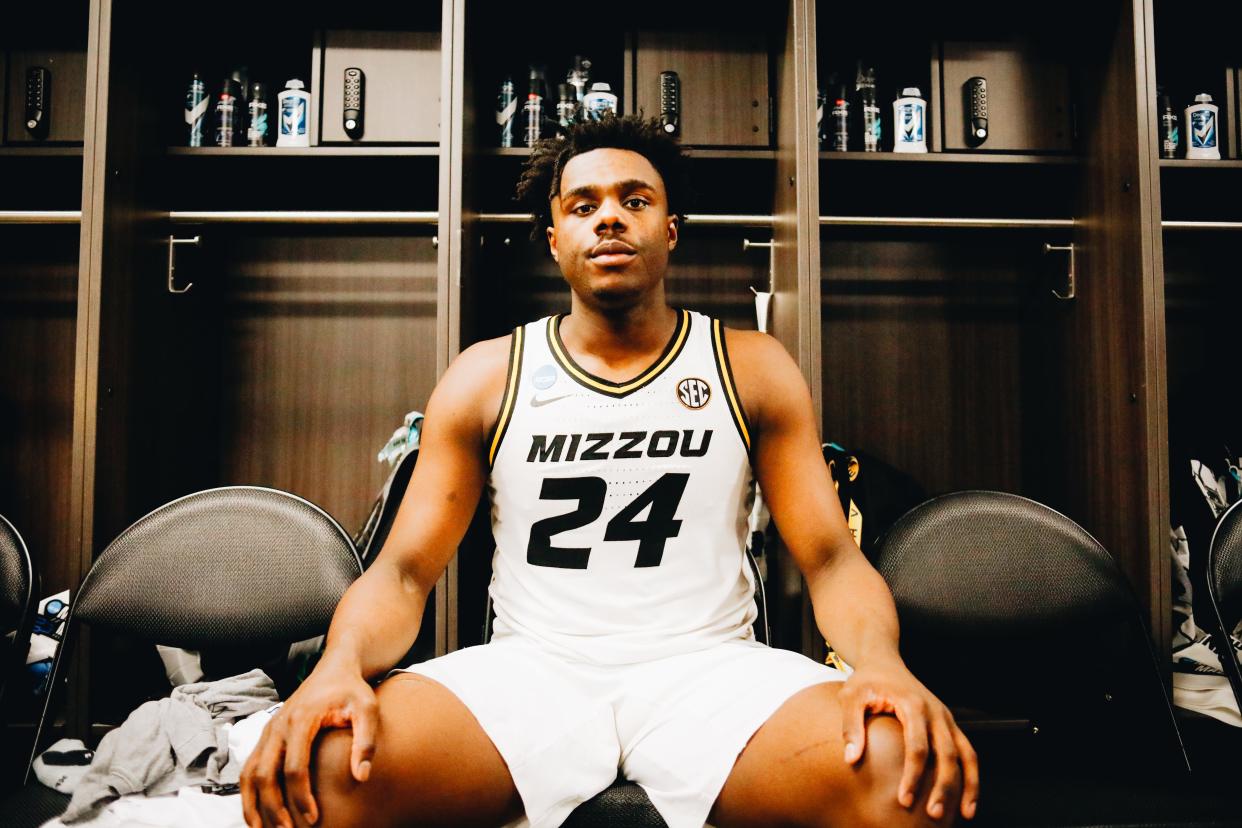 Missouri's Kobe Brown is seen in MU's locker room after Princeton's 78-63 win in the Second Round of the NCAA Tournament on March 18, 2023, in Sacramento, Calif.