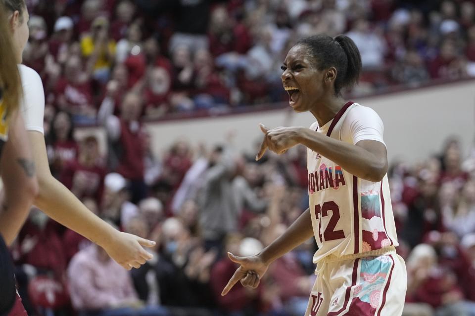 Indiana's Chloe Moore-McNeil (22) reacts during the second half of the team's NCAA college basketball game against Indiana, Thursday, Feb. 16, 2023, in Bloomington, Ind. (AP Photo/Darron Cummings)