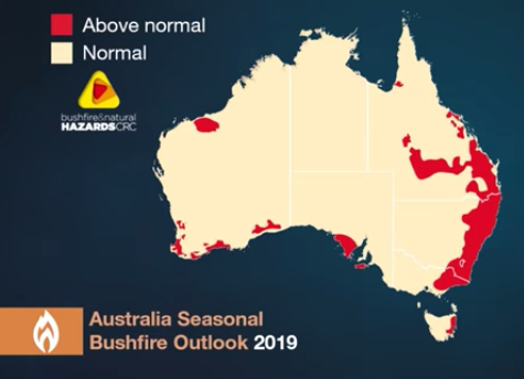 Above normal bushfire risk shown in BoM map predicted for Australia's east coast for 2019.