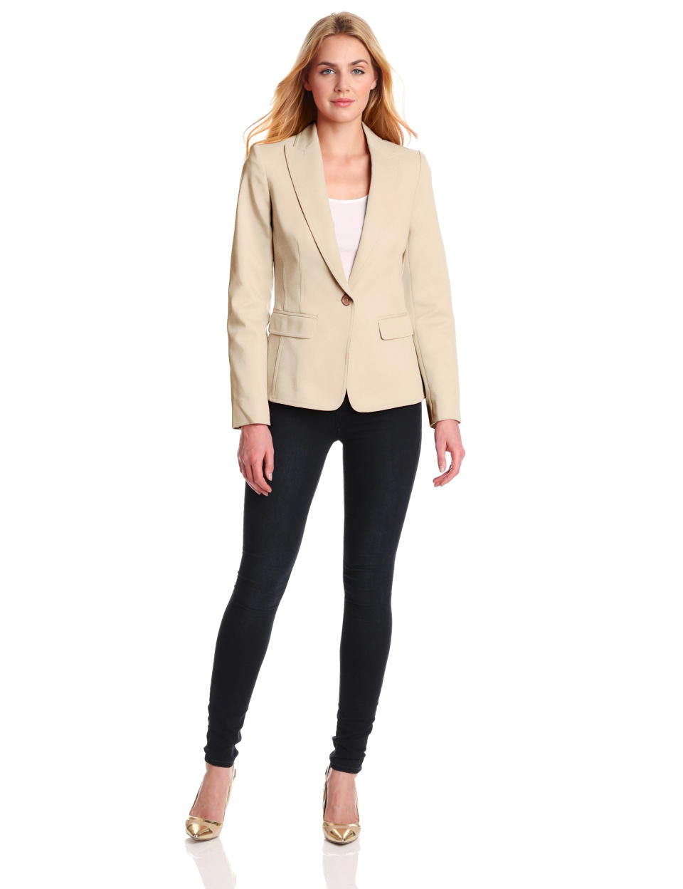 This publicity photo provided by amazon.com/fashion shows a model wearing a women's one button blazer from Anne Klein. Many closet-to-classroom items are basic pieces, including a pencil skirt, fit-and-flare dress, collared shirts, blazers, jeans and sweaters, so they can make the transition between seasons and school years. They can all be dressed up or down, and adapted to look “new” with the right belt, shoe or jewelry. (AP Photo/amazon.com/fashion)