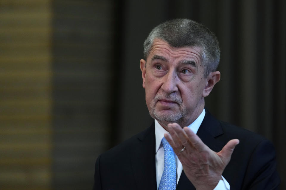 File - Former Czech Republic's Prime Minister and presidential candidate Andrej Babis attends a press conference in Pruhonice, Czech Republic, Monday, Jan. 9, 2023. Populist billionaire Andrej Babis is leading a field of eight candidates hoping to replace Milos Zeman as the first round of the presidential election is set for Jan. 13-14th, 2023. Retired army Gen. Petr Pavel, former chairman of NATO's military committee and former university rector Danuse Nerudova are the main challengers for Babis. (AP Photo/Petr David Josek, File)