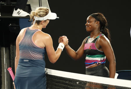 Tennis - Australian Open - Fourth Round - Melbourne Park, Melbourne, Australia, January 21, 2019. Russia’s Anastasia Pavlyuchenkova and Sloane Stephens of the U.S. greet each other after the match. REUTERS/Edgar Su