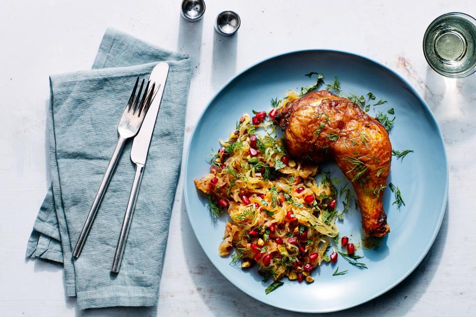 Bake chicken legs alongside spaghetti squash and then toss the strands with pomegranate and dill.