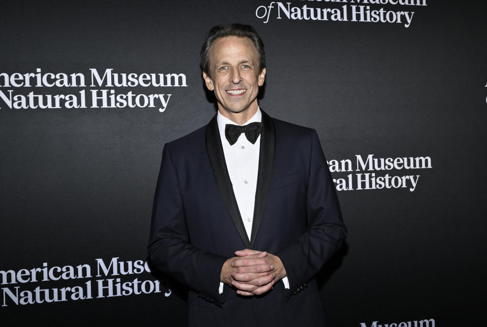FILE - Seth Meyers attends the American Museum of Natural History's Museum Gala in New York on Nov. 30, 2023. Meyers celebrates his tenth year hosting "Late Night with Seth Meyers." (Photo by Evan Agostini/Invision/AP, File)