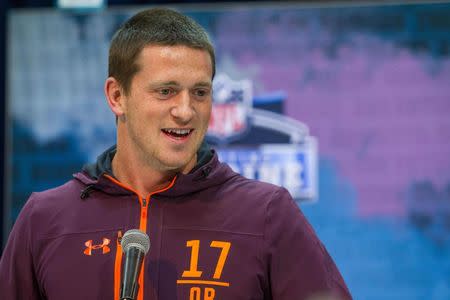 FILE PHOTO: Mar 1, 2019; Indianapolis, IN, USA; Northwestern quarterback Clayton Thorson (QB17) speaks to media during the 2019 NFL Combine at the Indiana Convention Center. Mandatory Credit: Trevor Ruszkowski-USA TODAY Sports - 12262561