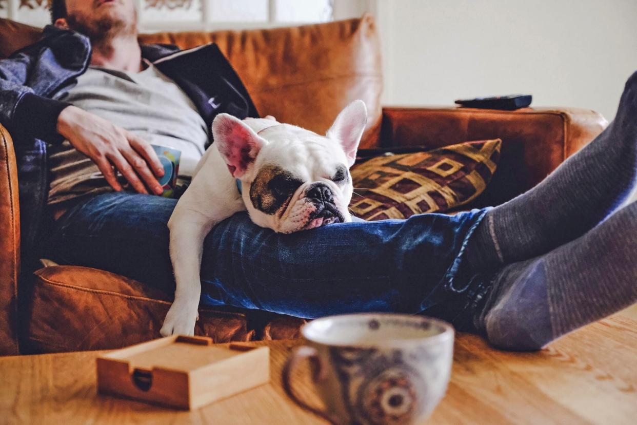 man lying on the couch with his dog sleeping on his lap