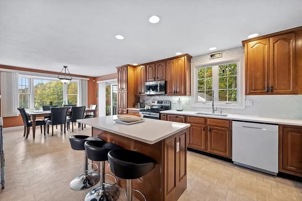 This house at 82 Eisenhower Drive in Brockton that sold for $750,000 on Jan. 4, 2024, has a stunning kitchen with quartz countertops and top-of-the-line appliances, according to the real estate listing. This property was sold by Deric Lipski, Keller Williams Realty.