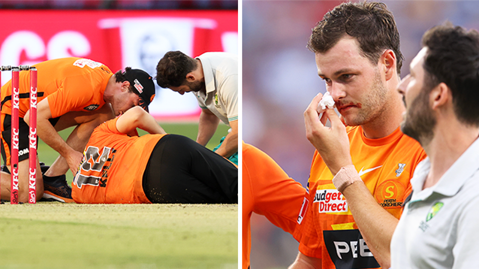 Perth Scorchers star Matt Kelly (pictured left) concussed and (pictured right) Kelly walking off the field.