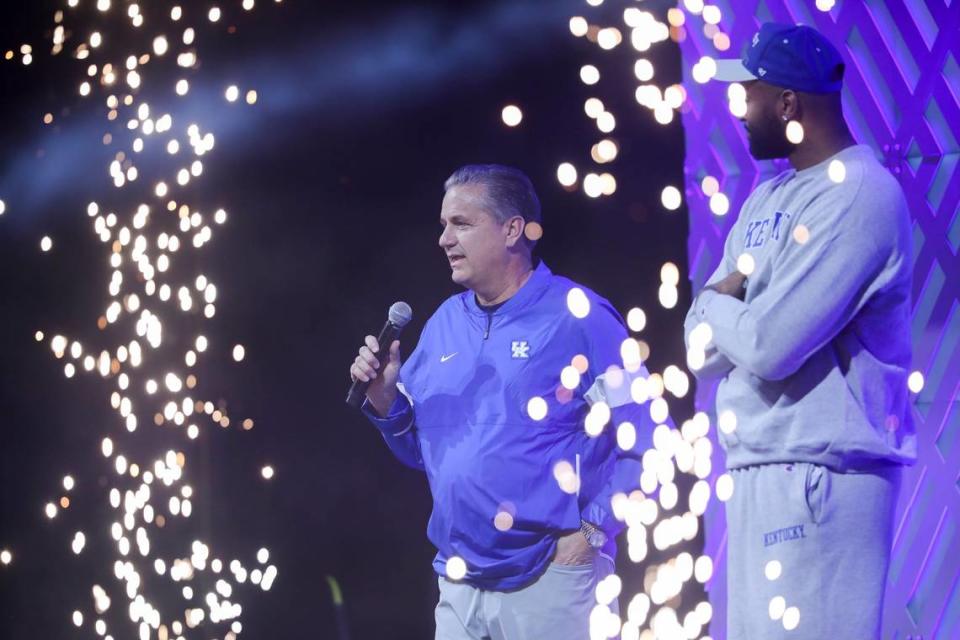 John Calipari speaks to the Rupp Arena crowd after being introduced by former UK star DeMarcus Cousins during Big Blue Madness on Friday night.